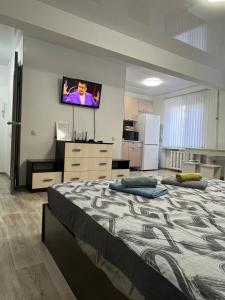 a bedroom with a large bed and a flat screen tv at Однокомнатная квартира в центре города in Balqash +2 photos