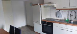 a small kitchen with a stove and a sink at Märchenhof Dithmarschen in Epenwöhrden +20 photos