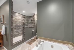 a bathroom with a large tub and a shower at Private Retreat by the Ecusta Trail and Downtown in Horse Shoe +21 photos