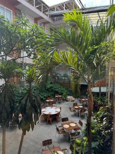 a courtyard with tables and palm trees in a building at Flor de Mayo Hotel & Restaurant in Cuernavaca