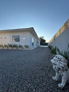 TijucasAconchego Urbano em Tijucas n 06的一只狗坐在碎石车道上的雕像