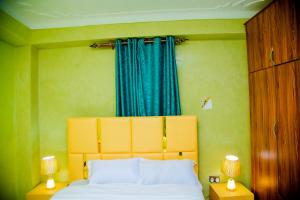 a bedroom with a bed with a blue curtain at Blaize Affaire Apartments in Kampala