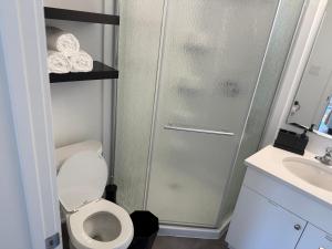 a small bathroom with a toilet and a shower at Bright Escape Falls Retreat in Niagara Falls +17 photos