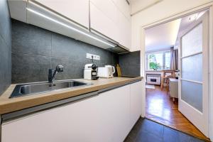 una cucina con un lavello e un bancone di Chain Bridge Studio a Budapest