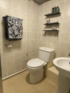 een badkamer met toilet en wastafel bij Paddons Lodge in Tavistock