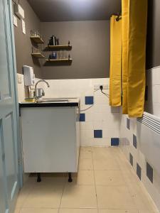 een badkamer met een wastafel en blauwe en witte tegels bij Paddons Lodge in Tavistock