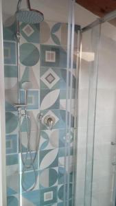 アグローポリにあるStella del Cilento Rooms " Pausa & Relax "の青と白のタイル張りのバスルーム(シャワー付)