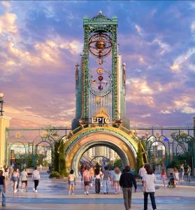 a group of people walking around a building with a clock at 10 Minutes from Universal - Relaxing Guest Suite in Orlando