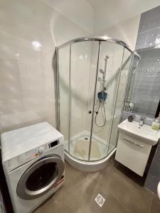 een wasmachine in een badkamer met een douche bij The Palas Retreat in Iaşi +2 foto's