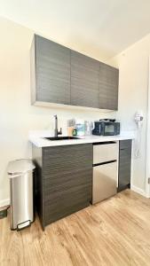 een keuken met een spoelbak en een aanrecht bij Remodeled Bungalow Suite with Parking, Steps from SJSU in San Jose