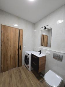 Un baño con lavadora y lavabo. en Apartament Odrzańskie Tarasy, Klimatyzacja, PW INVEST HOME, en Krapkowice