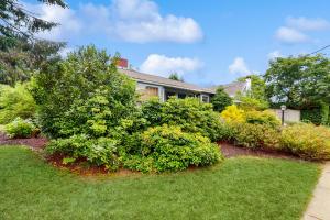 a house with bushes in front of a yard at Cozy Corner in Edgartown
