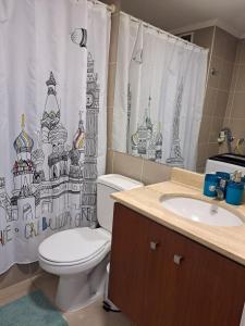 a bathroom with a toilet and a sink and a shower curtain at Departamento Salar in Calama