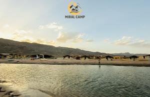 a view of a beach with a group of huts at Miral Camp in Nuweiba
