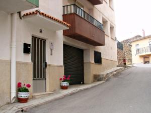 un edificio con dos macetas de flores en una calle en Casa Esteban, en Vilanova de la Reina (Villanueva de Viver)