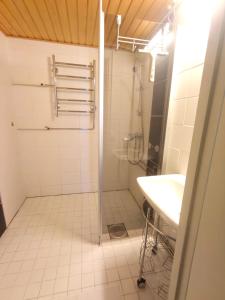un baño con ducha y lavabo en Large city center residence, en Rovaniemi 53 fotos más
