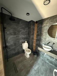 Un baño con inodoro, lavabo y espejo. en Zoon In, en Costinesti