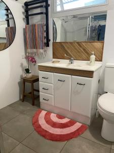 a bathroom with a sink and a toilet and a mirror at The Orchard Guesthouse in Palmwoods