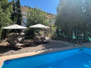 a swimming pool with lounge chairs and umbrellas at Casa La Nuez in Almedinilla