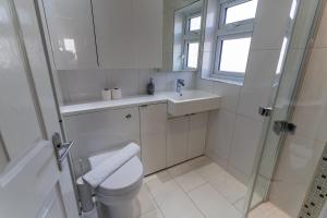 a bathroom with a toilet and a sink and a window at Stunning 4 bed-house in Oxford sleeps 8 in Oxford +14 photos