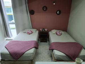 two twin beds in a room with a window at Suite 102 Cordoba Centro Estacionamiento in Córdoba