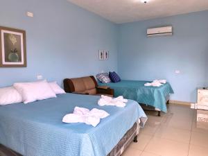two beds in a room with blue walls at Hotel El Paredon in El Paredón Buena Vista +25 photos