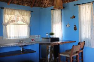a blue kitchen with a sink and a window at Hotel ecoturístico Casitas el Salitral in El Pescadero