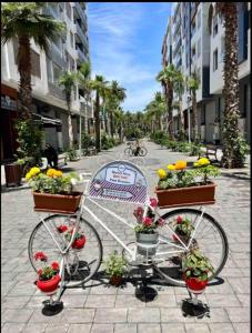 a bike parked on a street with flowers in pots at Beach in 2 Terrace, PS4, Wi-Fi, Yoga Mat in Mohammedia +32 photos