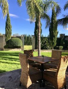 a wooden table and two chairs with palm trees at Casa Diamante Hotel Boutique - Mineral de Pozos in Mineral de Pozos