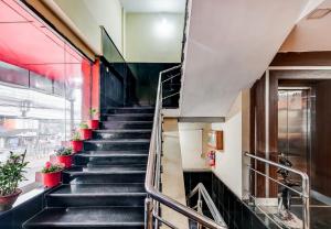 a staircase in a building with black stairs and plants at Hotel O Rourkela Palace in Raghunāthpāli