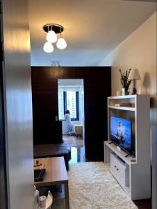 ein Wohnzimmer mit einem Flachbild-TV und einem Wohnzimmer in der Unterkunft Pleasant Air Residences City View in Sampong