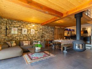 un salon avec un canapé et une cheminée dans l'établissement Chalet pyrénéen chalet à Soulan pour 12 pers., WiFi, proche ski - FR-1-296-528, à Soulan