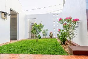 a courtyard in a building with grass and plants at Roamers Ark Galle in Galle