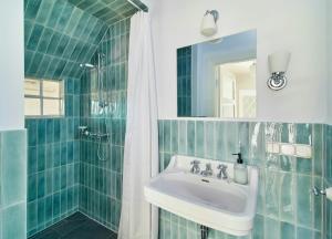 a bathroom with a sink and a shower at Artist's Studio House In Aukrug Nature Park in Meezen