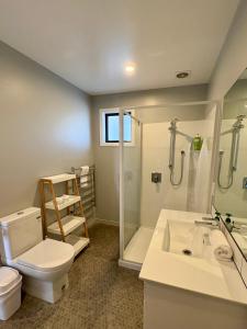 a bathroom with a toilet and a sink and a shower at Flat White in Lake Tekapo