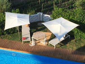 dwa białe parasole siedzące obok basenu w obiekcie Albergo Ristorante Cavaliere w mieście Caselle in Pittari