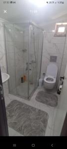 een badkamer met een douche en een toilet met een glazen deur bij Eğlence Dairesi 