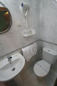 a white toilet sitting next to a sink in a bathroom at Hostal La Perla Asturiana in Madrid