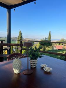 a table with a plant and a lamp on a balcony at Farm Ca Nick in Fermo