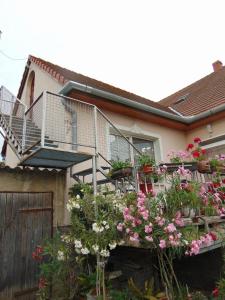 a house with a balcony with flowers on it at Leander Apartman in Sárvár
