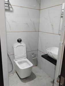 HazārībāgにあるHotel Neelkanthのトイレと洗面台のある小さなバスルーム