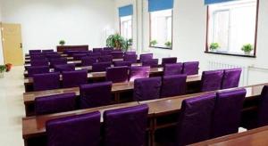 a large room with purple chairs in a lecture hall at GreenTree Inn Langfang GuAn County Xinyuan Street Express Hotel in Langfang