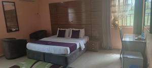 una habitación de hotel con una cama y un escritorio en Keton Suites and Apartments, en Abuja
