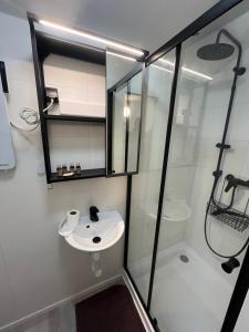 ein Badezimmer mit Waschbecken und Dusche in der Unterkunft Karlštejn 34 in Karlštejn + 45 Fotos