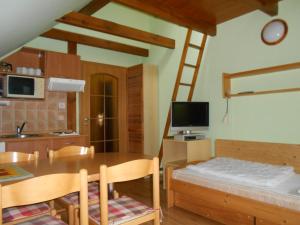 eine Küche und ein Esszimmer mit einem Tisch und einer Leiter in der Unterkunft Apartmány Base Camp in Železná Ruda