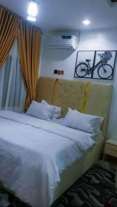a bedroom with a bed with a bicycle on the wall at Jade Luxe 2 Bedroom Apartment in Agbor