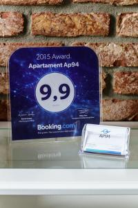Certifikát, ocenenie alebo iný dokument vystavený v ubytovaní Apartament Ap94
