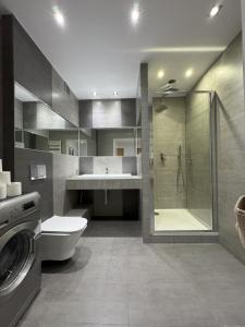 クラクフにあるPapaj apartment, supervision, garageのバスルーム(洗面台、シャワー付)