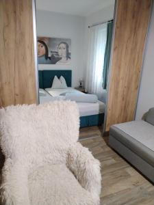 Centar Novi Sad-Apartman No 1 PARKING ON REQUEST في نوفي ساد: غرفة نوم بها سرير وكرسي ومرآة