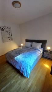 a bedroom with a bed with a blue comforter at Casa Camelia in Intragna
